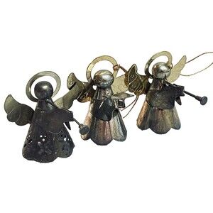 Set Of 3 ?Silver-plated Brass Angels Playing Instruments Holding Book Ornaments